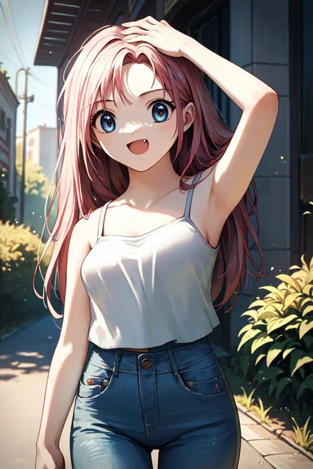 score_9, score_8_up, score_7_up, score_6_up, rating_safe, source_anime, best quality, masterpiece, detailed background, detailed eyes, sunny, street, grass, hand on head, cowboy shot, <lora:kamio-haruko-xl-02:1.2>, kamio haruko, medium breasts, white tanktop, low jeans, open mouth, fang,