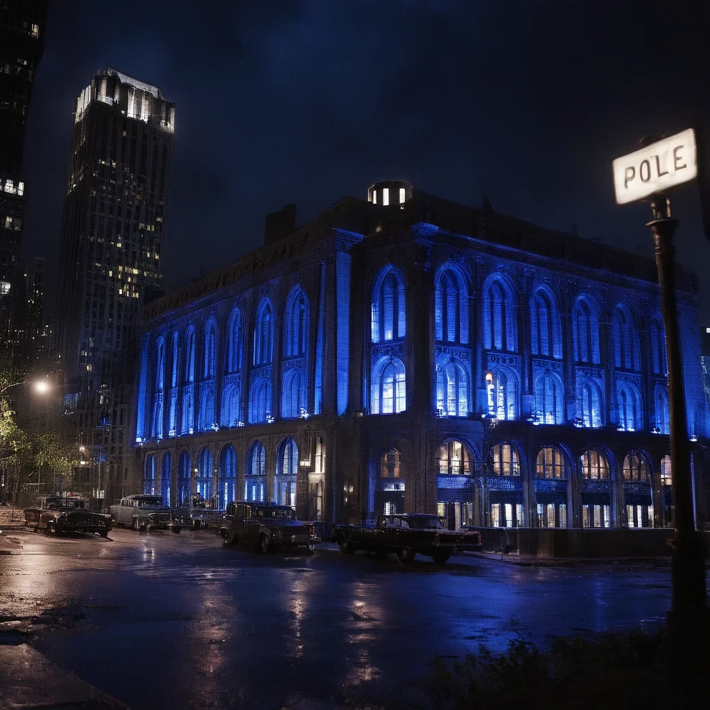 cinematic film still of <lora:perfection style:0.6>
<lora:gotham city style v2:0.8>
<lora:Chiaroscuro Lighting Style:0.6>
Gotham City a GCPD Headquarters building with a blue light on it Gotham City Style,outdoors,sky,tree,night,plant,ground vehicle,building,scenery,motor vehicle,city,sign,car,road,lamppost,street,bicycle,lights,real world location,vanishing point , detailed, real, different, unique, cinematic, dramatic, concept art, filmic, detailed background, detailed settings, artstation, gothic New York, gotham city style, shallow depth of field, vignette, highly detailed, high budget, bokeh, cinemascope, moody, epic, gorgeous, film grain, grainy