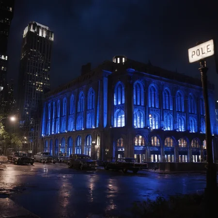 cinematic film still of <lora:perfection style:0.6>
<lora:gotham city style v2:0.8>
<lora:Chiaroscuro Lighting Style:0.6>
Gotham City a GCPD Headquarters building with a blue light on it Gotham City Style,outdoors,sky,tree,night,plant,ground vehicle,building,scenery,motor vehicle,city,sign,car,road,lamppost,street,bicycle,lights,real world location,vanishing point , detailed, real, different, unique, cinematic, dramatic, concept art, filmic, detailed background, detailed settings, artstation, gothic New York, gotham city style, shallow depth of field, vignette, highly detailed, high budget, bokeh, cinemascope, moody, epic, gorgeous, film grain, grainy