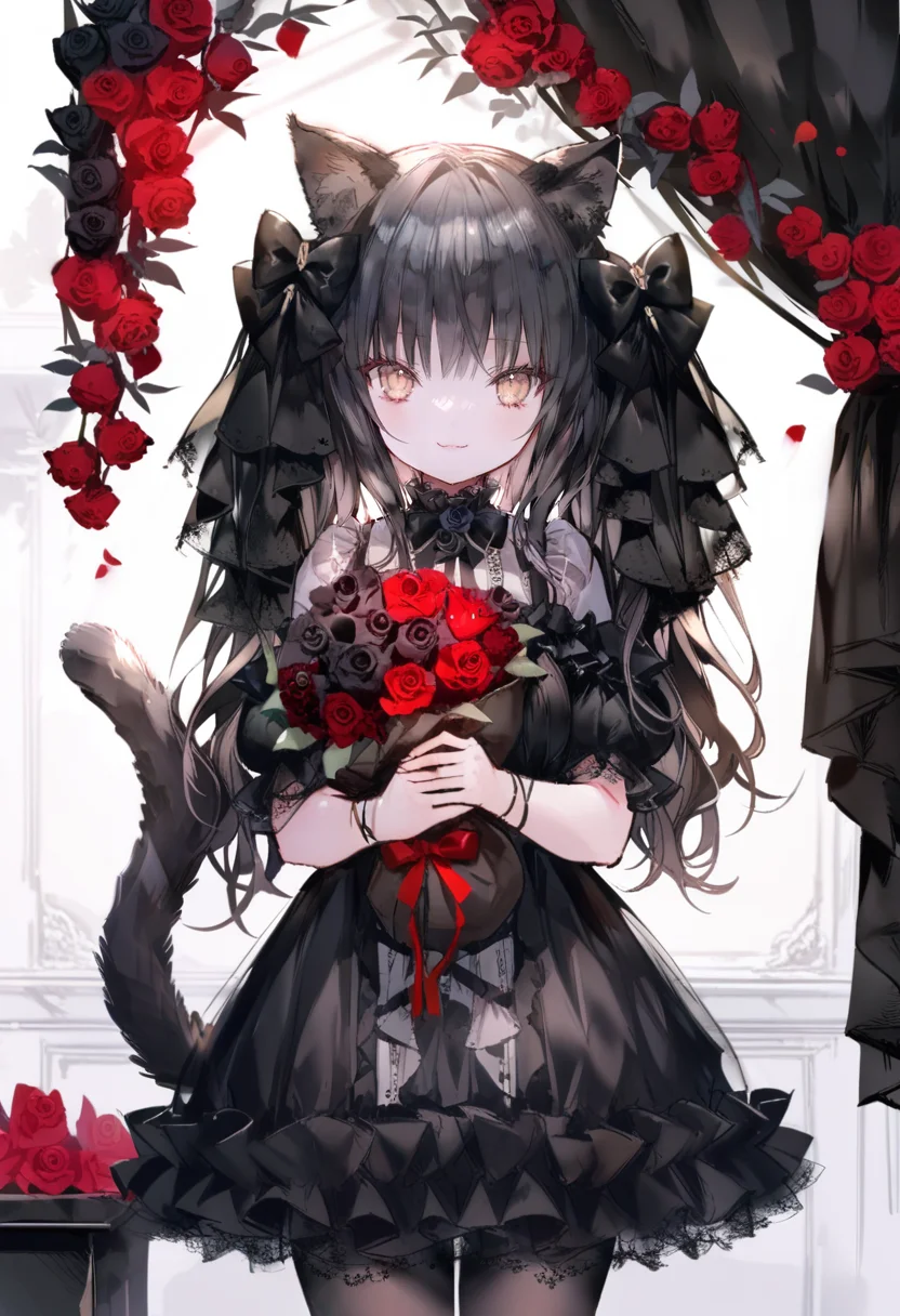 masterpiece, best quality, <lora:oninekoXL_ANI31_lokr_V43P1:0.95> 1girl, flower, solo, rose, animal ears, cat tail, tail, cat ears, dress, black dress, red flower, black hair, long hair, looking at viewer, black flower, red rose, holding, bouquet, cat girl, black rose, pantyhose, short sleeves, smile, cowboy shot, holding bouquet, ribbon, bow, black bow, standing, animal ear fluff, black pantyhose, brown eyes, butterfly, hair bow, puffy sleeves, closed mouth, frills, bug, puffy short sleeves, white background