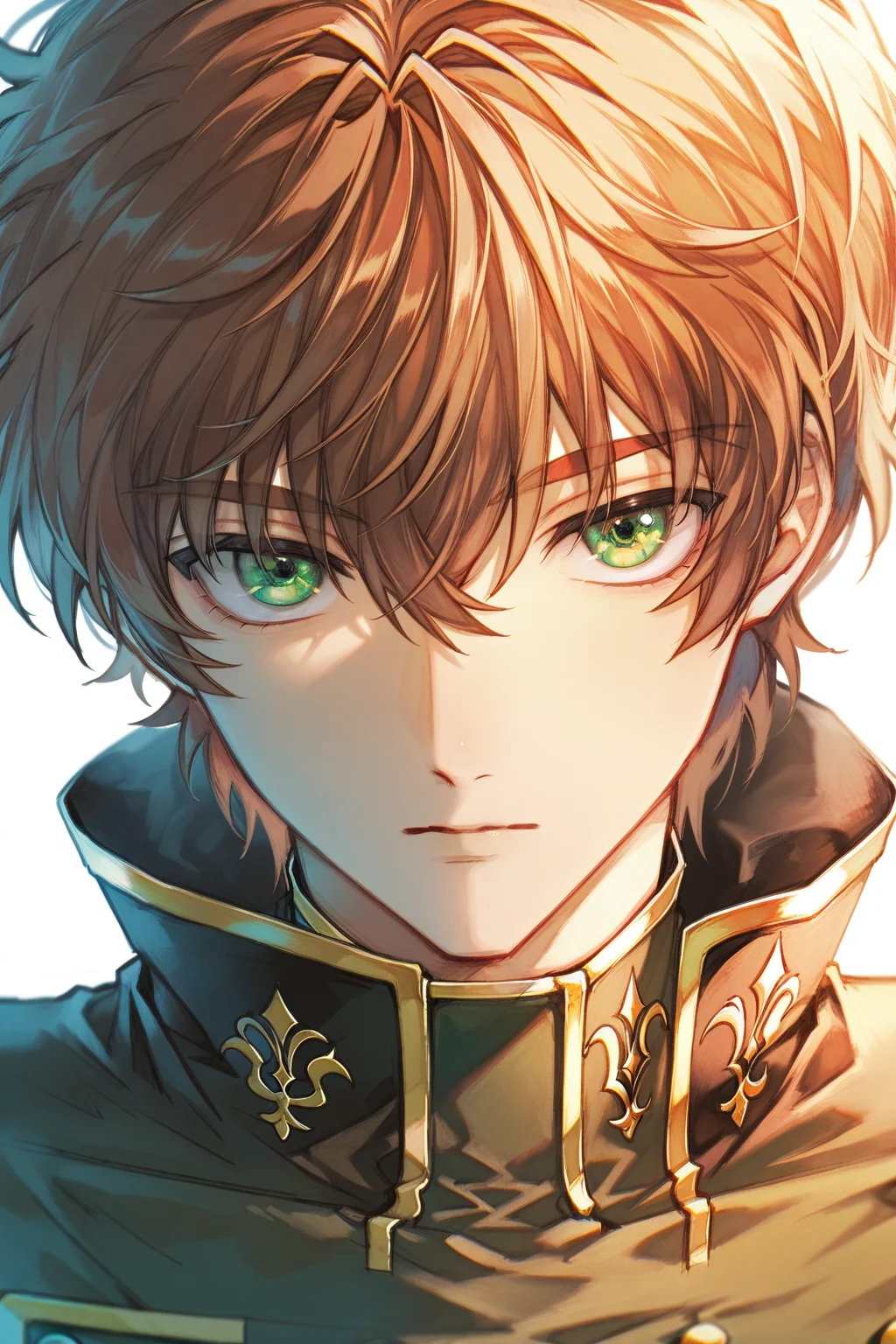 SCPT,1boy, male focus, kururugi suzaku, solo, green eyes, looking at viewer, ashford academy school uniform, brown hair, white background, closed mouth, hair between eyes, short hair, simple background, high collar, uniform