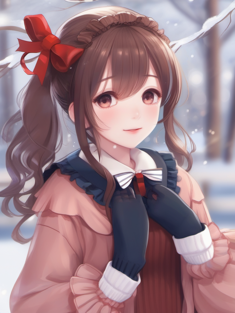 masterpiece, best quality, girl, long hair, looking at viewer, brown cardigan , frilled socks, hair_bow, bowtie, in winter, blush, sweater dress, ,<lora:sl_sila0.8>