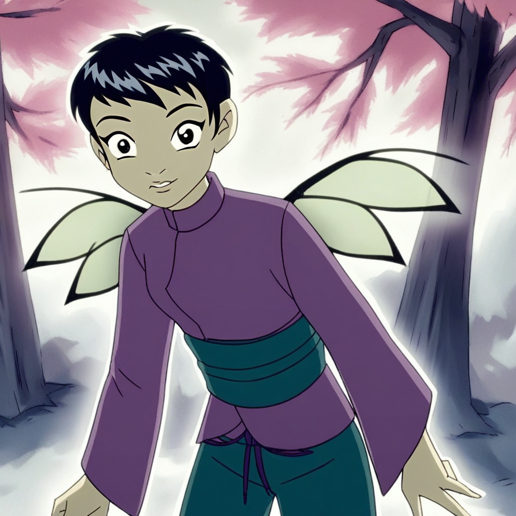 score_9, solo, yanlin_y, black hair, short hair, long sleeves, japanese clothes, wings, pants, v, cute, looking at viewer, trees, natural lighting