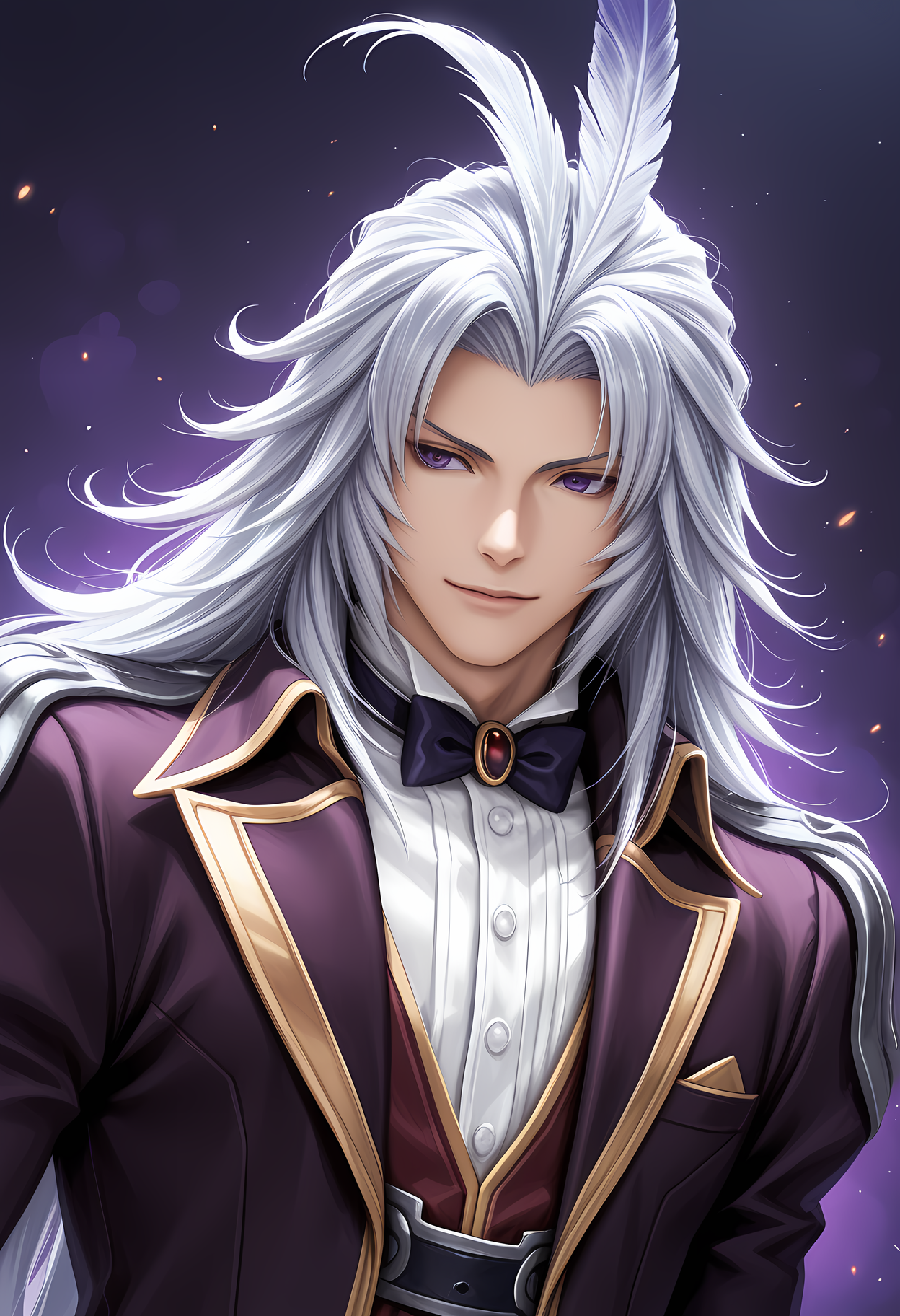 masterpiece, best quality, amazing quality, dutch angle, abstract background, BREAK
solo, 1boy, male focus, ff9_kuja, white hair, long hair, feather in hair, purple eyes, black tuxedo, formal, bow tie, upper body focus, BREAK
<lora:cfg_scale_boost:.6> <lora:Kuja_-_Final_Fantasy_IX_-_ILXL:0.8>