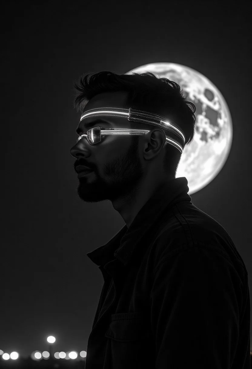 a black and white close-up image of (1man) lights and shadows marked by the light of the full moon, light on his face covered by a soft silver light, which degrades to a deep black at the edges, as if the horizon were ignited with emotions, linear lighting casts a cold glow, enveloping the image in an ethereal atmosphere simulating eternal twilight, the trail of light diffusing along the image reveals hidden messages written in vibrant shadows, Amarant spotlights illuminate the silver-worn structure, symbolizing the struggle between vibrant modernity and a past of emotions, BREAK, RTX_render, storytelling, desenfoques de movimiento y ángulos dramáticos, luminación natural con sombras suaves, 8K, masterpiece, best_quality, amazing_quality, high_response, detailed, detailed_eyes, high_quality, ultra_detailed, extremely_detailed, high_detail, clean_lines, perfect_anatomy, absurd, newest, stage, professional, ambiguous_lighting, deep_shadows, depth_of_field, five_fingered_hands