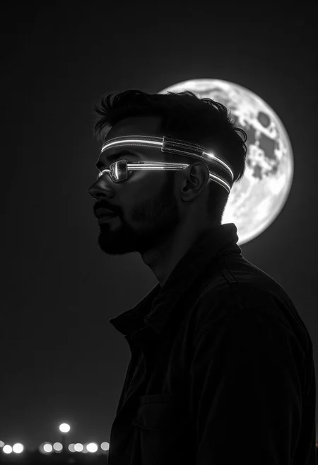 a black and white close-up image of (1man) lights and shadows marked by the light of the full moon, light on his face covered by a soft silver light, which degrades to a deep black at the edges, as if the horizon were ignited with emotions, linear lighting casts a cold glow, enveloping the image in an ethereal atmosphere simulating eternal twilight, the trail of light diffusing along the image reveals hidden messages written in vibrant shadows, Amarant spotlights illuminate the silver-worn structure, symbolizing the struggle between vibrant modernity and a past of emotions, BREAK, RTX_render, storytelling, desenfoques de movimiento y ángulos dramáticos, luminación natural con sombras suaves, 8K, masterpiece, best_quality, amazing_quality, high_response, detailed, detailed_eyes, high_quality, ultra_detailed, extremely_detailed, high_detail, clean_lines, perfect_anatomy, absurd, newest, stage, professional, ambiguous_lighting, deep_shadows, depth_of_field, five_fingered_hands