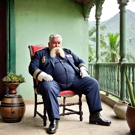 full body, huge bushy white mustache, bara, late 19th century British Empire army officer in uniform sitting on verandah, burly, obese, muscular, barrel chested, white hair, hookah, BREAK red jacket, BREAK white pith helmet BREAK dark blue long trousers BREAK, white gloves BREAK black boots,  Raj, tropical jungle, antique chairs, colonial style, detailed background, film lighting, film grain, shadows, OverallDetail, <lora:Walrus_Mustaches:1.2>
