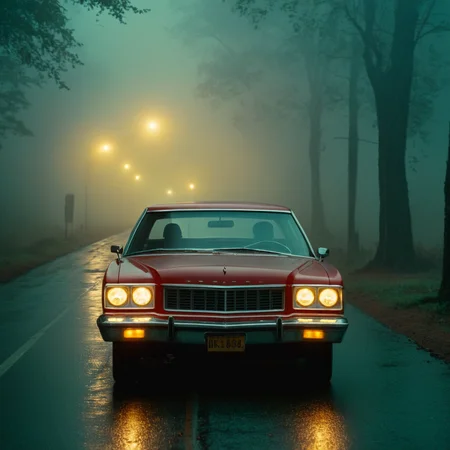 cinematic film still of <lora:1980's style:1>
In the 1980's a christine red car with headlights on in a foggy area in a scene from a horror christine movie,no humans,ground vehicle,motor vehicle,car,vehicle focus , realistic,realism, detailed, perfection,perfect,filmic,retro,vintage,classic,different haircut,different look,different style,different people, 1980's style , 1980 style, shallow depth of field, vignette, highly detailed, high budget, bokeh, cinemascope, moody, epic, gorgeous, film grain, grainy