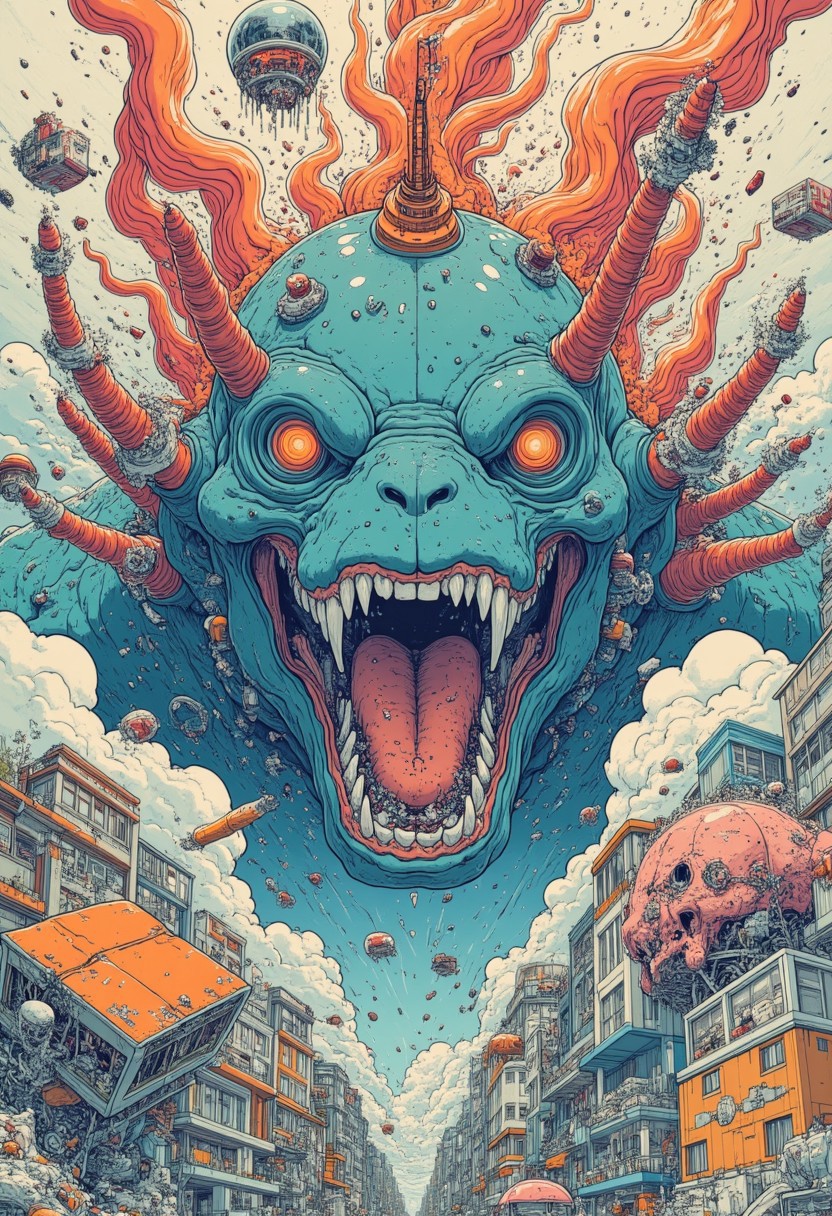 Huge aerial view of a phantasmagoric japanese city with building everywhere and a ferocious monster right in the middle, japanese style print design, isometric, vibrant colors, intricate detail, 8k, epic exposure, simple