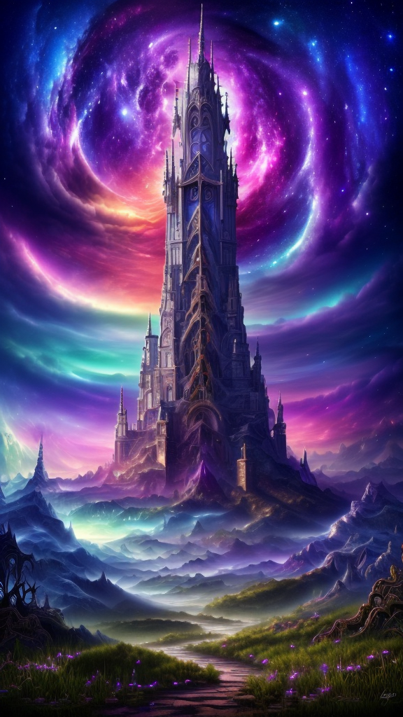 Space-themed, 
Gothic style, 
Dreamscape, 
Stained glass style, 
Masterwork Painting, Magnum Opus, 
 <lora:Wizard_Tower:0.75> witow, castle, cloud, cloudy sky, grass, no humans, scenery, sky, tower, tree, 
<lora:Fantasy_Mountains:0.75> fanmou, footprints, forest, grass, nature, no humans, outdoors, sky ,
  highres, 8k, uhd, High Dynamic Range, tonemapping, crisp details,  intricate details, fine details,
. Vibrant, beautiful, translucent, intricate, detailed,
. Surreal, ethereal, dreamy, mysterious, fantasy, highly detailed,
. Dark, mysterious, haunting, dramatic, ornate, detailed,
. Cosmic, celestial, stars, galaxies, nebulas, planets, science fiction, highly detailed