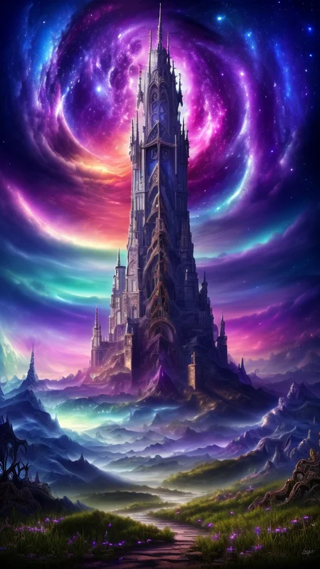 Space-themed, 
Gothic style, 
Dreamscape, 
Stained glass style, 
Masterwork Painting, Magnum Opus, 
 <lora:Wizard_Tower:0.75> witow, castle, cloud, cloudy sky, grass, no humans, scenery, sky, tower, tree, 
<lora:Fantasy_Mountains:0.75> fanmou, footprints, forest, grass, nature, no humans, outdoors, sky ,
  highres, 8k, uhd, High Dynamic Range, tonemapping, crisp details,  intricate details, fine details,
. Vibrant, beautiful, translucent, intricate, detailed,
. Surreal, ethereal, dreamy, mysterious, fantasy, highly detailed,
. Dark, mysterious, haunting, dramatic, ornate, detailed,
. Cosmic, celestial, stars, galaxies, nebulas, planets, science fiction, highly detailed
