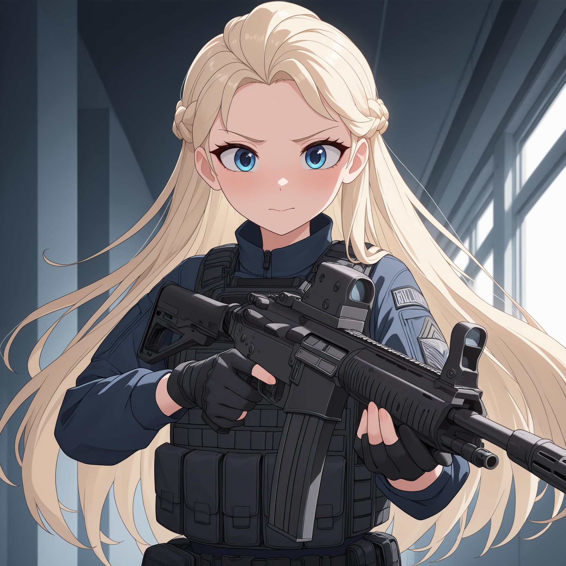 masterpiece, best quality, amazing quality, very aesthetic, high resolution, ultra-detailed, absurdres, newest, official wallpaper, 1girl, <lora:DisneyElsa:1> DisneyElsa, 1girl, blonde hair, blue eyes, braid, long hair, <lora:TactFit [NOOBAI]:0.8> tactfit, black bulletproof vest, assault rifle, BREAK, foreshortening, extremely detailed clothes, detailed eyes, detailed skin, detailed hair, masterpiece, best quality, amazing quality, very aesthetic, high resolution, ultra-detailed, absurdres, newest, volumetric lighting, official wallpaper