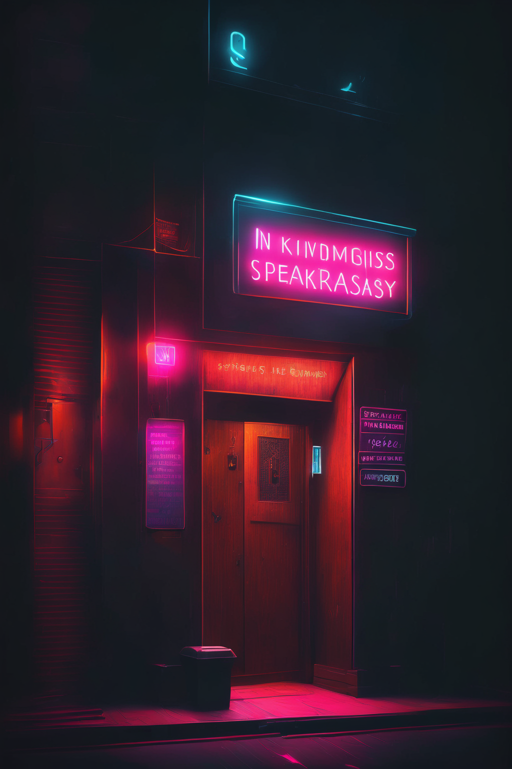 <lora:Neon Night:1>Neon Night - a hidden speakeasy with an unmarked entrance and a glowing neon password sign