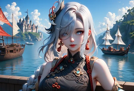 score_9, score_8_up, score_7_up, 1girl, shenhe_\(genshin_impact\), genshin_impact, 1girl, blue_eyes, white_hair, portrait, contrapposto, outdoors, pirate ship, embedding:c4stl3,