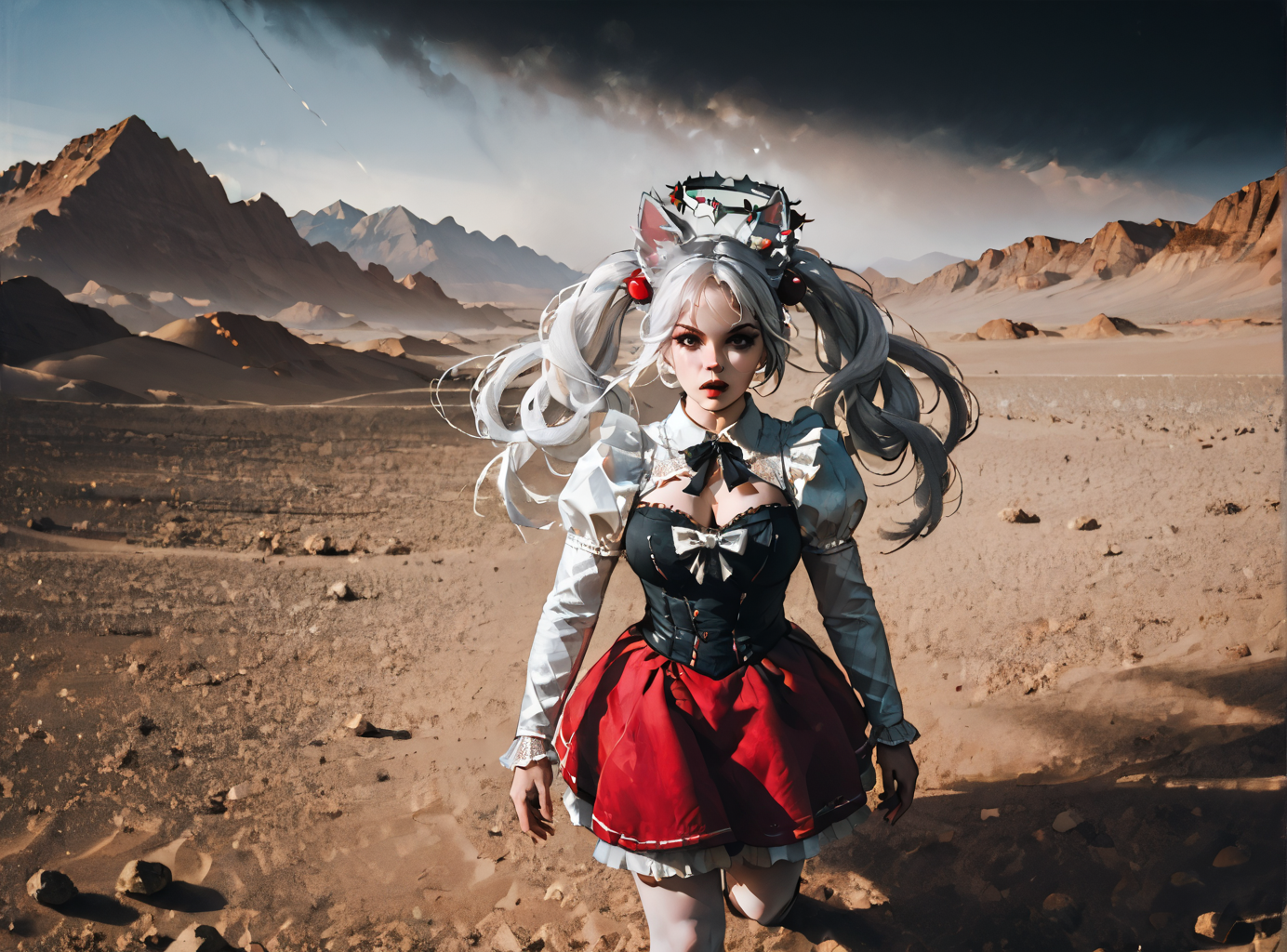 score_9, score_8_up, score_7_up, Fighting scene, shot from above, looking up against all odds, pointing with object,  <lora:Kirsche:1>(kirsche, twintails, long hair, fluffy hair, cherry hairornaments, white hair, animal ears, large breasts, halo), vampire dress, black details, red lining, crimson red hair, black highlights,  <lora:john:1> john, The desert in bloom, the dunes of despair, the clear cold nights moon a sliver, a brief oasis for the soul,highly detailed