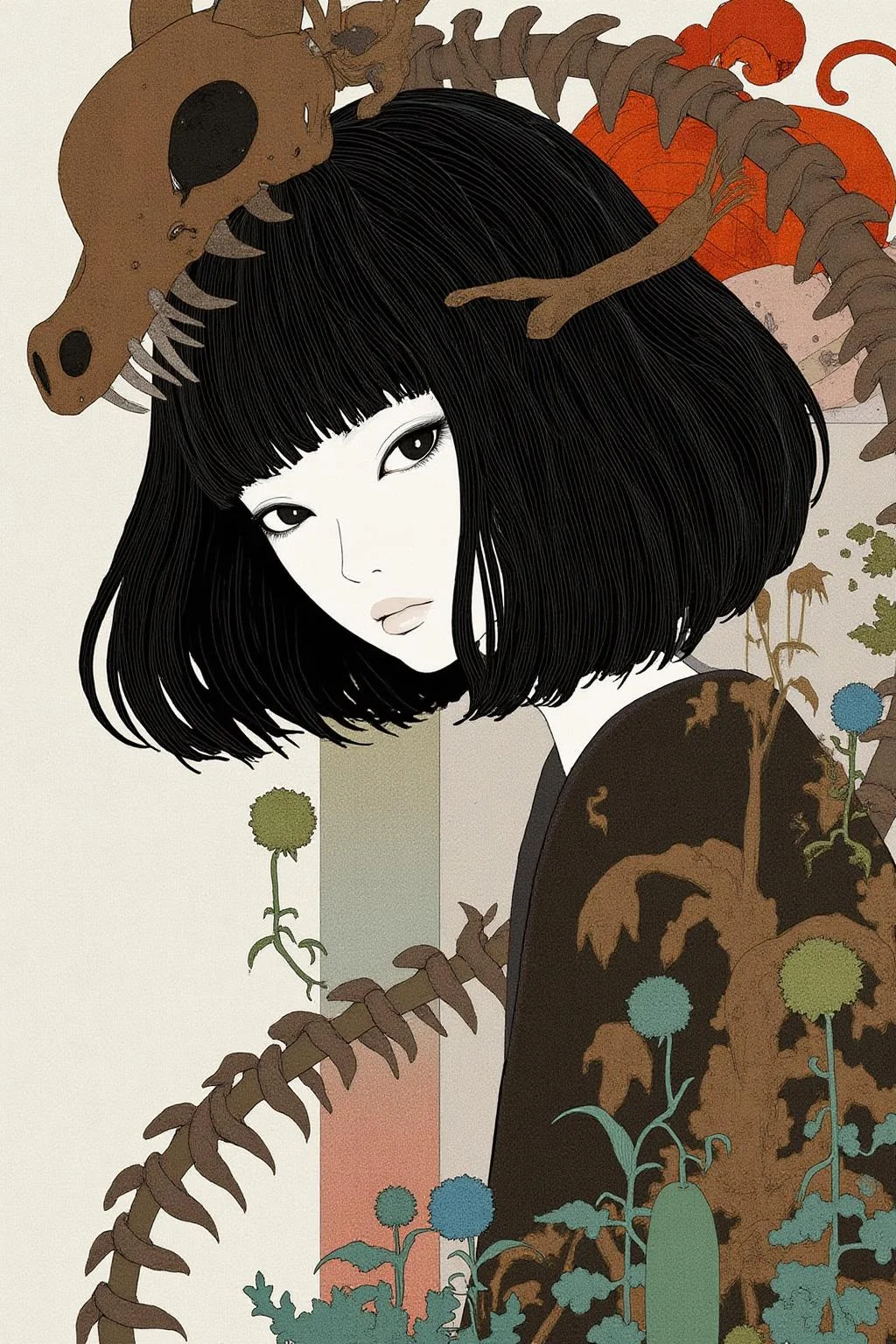 kchiba1 illustration. 
A young woman with short, straight black hair with blunt bangs. Her face is framed by the skeletal head of a dragon. <lora:kchiba1_cap_d6a3:1.0><lora:837651882953444558:0>