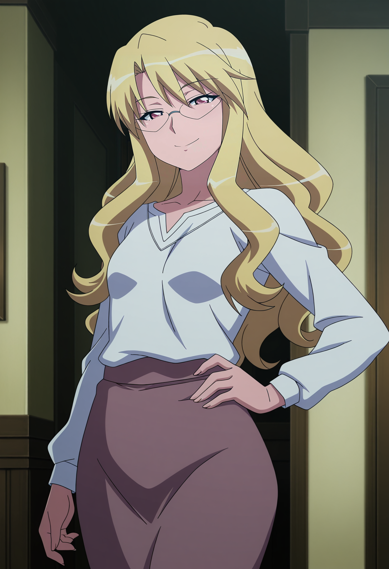 1girl,solo,Eleonore,mature female,blonde hair,long hair,glasses,pink eyes,small breasts,anime coloring,
white shirt,skirt,cowboy shot,hand on own hip, looking at viewer, smile,indoors
,masterpiece,best quality,amazing quality,<lora:Eleonore-Zero_no_Tsukaima_ix:0.8>