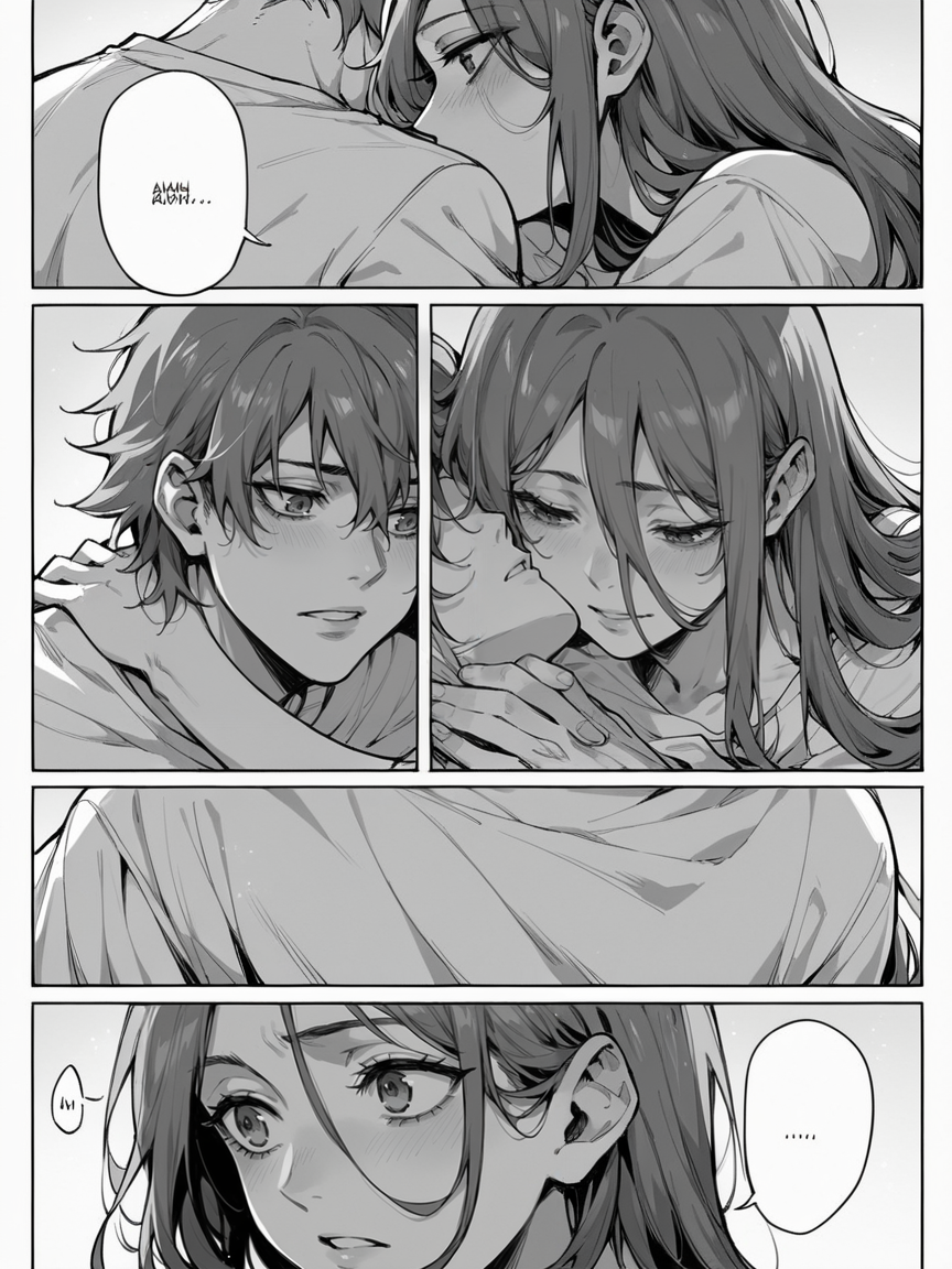score_9, score_8_up, score_7_up, score_6_up, 1girl, m4ng4, manga, monochrome, greyscale, long hair, couple, hetero, 1boy, comic, <lora:m4ng4XLP:1> panels,