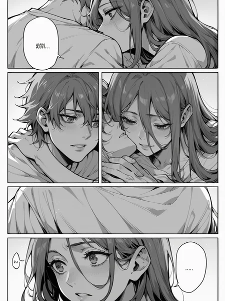 score_9, score_8_up, score_7_up, score_6_up, 1girl, m4ng4, manga, monochrome, greyscale, long hair, couple, hetero, 1boy, comic, <lora:m4ng4XLP:1> panels,