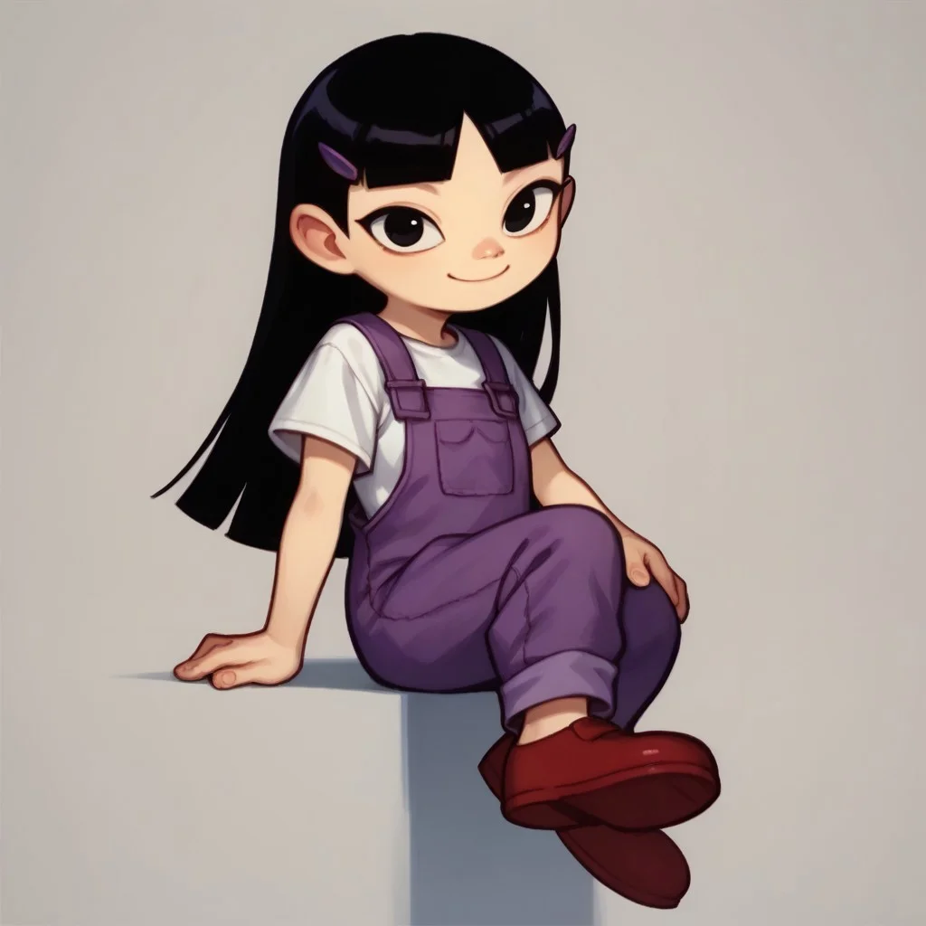 score_9, score_8_up, score_7_up, KimPPG, 1girl, long black hair, blunt bangs, black eyes, purple hairclips, purple overalls, short-sleeve white shirt, short-sleeve white undershirt, red shoes, smiling at viewer,