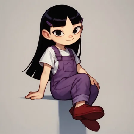score_9, score_8_up, score_7_up, KimPPG, 1girl, long black hair, blunt bangs, black eyes, purple hairclips, purple overalls, short-sleeve white shirt, short-sleeve white undershirt, red shoes, smiling at viewer,