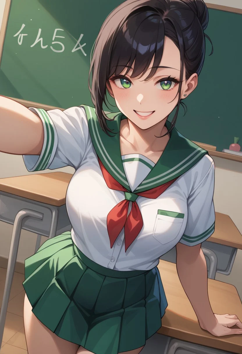 score_9, score_8_up, score_7_up, source_anime,high res image, masterpiece, best quality,
gorgeous woman, cute face,, black hair hairbun with big green and gold bow behind head,
wearing school uniform, green and gold shirt, green and gold serafuku, red neckerchief, green and gold pleated skirt,
indoor school background, blackboard, teacher's desk,
top view, professional lighting, smiling, posing