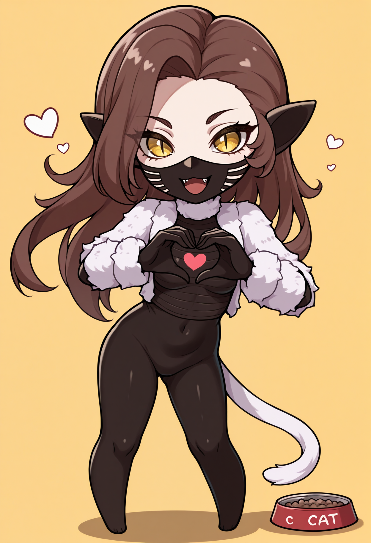 masterpiece, best quality, 1girl, solo, chibi, meme, standing, legs apart, :d, pet food, heart hands, looking at viewer, <lora:NekomataSMT-illu:1> nekSMT, brown hair, long hair, yellow eyes, slit pupils, mouth mask, fangs, pointy ears, white cropped jacket, fur jacket, open jacket, long sleeves, black bodysuit, cat tail, white tail, yellow background