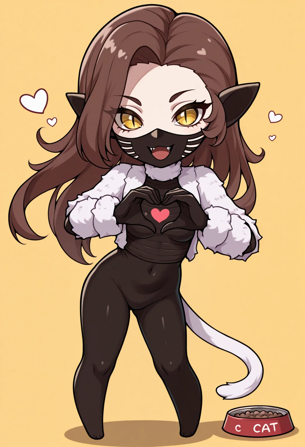 masterpiece, best quality, 1girl, solo, chibi, meme, standing, legs apart, :d, pet food, heart hands, looking at viewer, <lora:NekomataSMT-illu:1> nekSMT, brown hair, long hair, yellow eyes, slit pupils, mouth mask, fangs, pointy ears, white cropped jacket, fur jacket, open jacket, long sleeves, black bodysuit, cat tail, white tail, yellow background