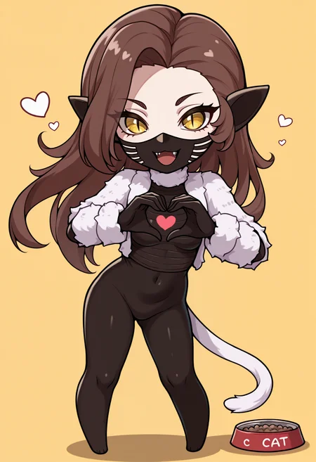 masterpiece, best quality, 1girl, solo, chibi, meme, standing, legs apart, :d, pet food, heart hands, looking at viewer, <lora:NekomataSMT-illu:1> nekSMT, brown hair, long hair, yellow eyes, slit pupils, mouth mask, fangs, pointy ears, white cropped jacket, fur jacket, open jacket, long sleeves, black bodysuit, cat tail, white tail, yellow background