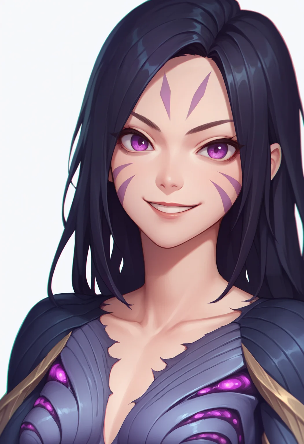 score_9, score_8_up, score_7_up, score_6_up, score_5_up, score_4_up, BREAK, source_anime,
1girl, kaisa, 1girl, black hair, long hair, purple eyes, facial mark, bodysuit,
smile, upper body, looking at viewer, solo, simple background, white background <lora:KaisaXL:1>