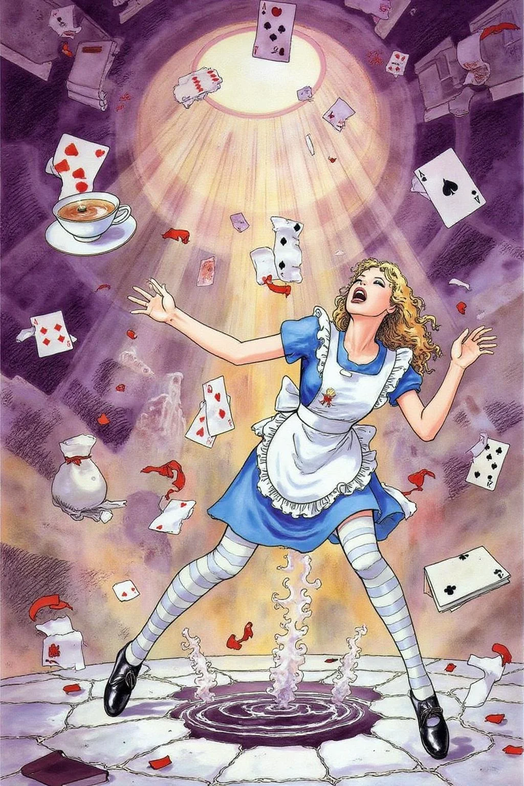 itacomic1 illustration. Overhead view of Alice in Wonderland falling into the rabbit hole, with her legs dangling beneath her. She is looking upward, her face filled with shock and terror as she screams. Her blue dress and white apron billow out around her as she tumbles, while her striped stockings and black shoes are visible below. The rabbit hole is a swirling, chaotic mix of vibrant colors, playing cards, teacups, and other Wonderland objects floating around her. Soft glowing light emanates from the tunnel walls, adding an eerie, fantastical feel to the scene. The sense of motion and fear is palpable as Alice falls deeper into the unknown. <lora:itacomic_mima6_noc_d4a2e11:1.0><lora:802046247587493381:0>