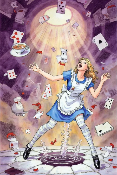 itacomic1 illustration. Overhead view of Alice in Wonderland falling into the rabbit hole, with her legs dangling beneath her. She is looking upward, her face filled with shock and terror as she screams. Her blue dress and white apron billow out around her as she tumbles, while her striped stockings and black shoes are visible below. The rabbit hole is a swirling, chaotic mix of vibrant colors, playing cards, teacups, and other Wonderland objects floating around her. Soft glowing light emanates from the tunnel walls, adding an eerie, fantastical feel to the scene. The sense of motion and fear is palpable as Alice falls deeper into the unknown. <lora:itacomic_mima6_noc_d4a2e11:1.0><lora:802046247587493381:0>