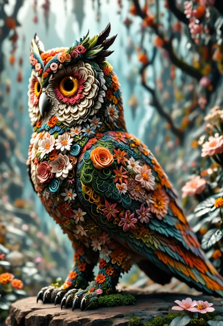 score_9, score_8_up, score_7_up, masterpiece, best quality, very detailed awesome Owl made of flowers, magical landscape with enchanted elements, fantasy art style, graphite theme, intricate details, ultra sharp, exquisite detail, flawless composition, vivid colors, masterpiece, exciting background, <lora:SlimesFlowerWorldMorph:0.89> slimes_flowerwm,