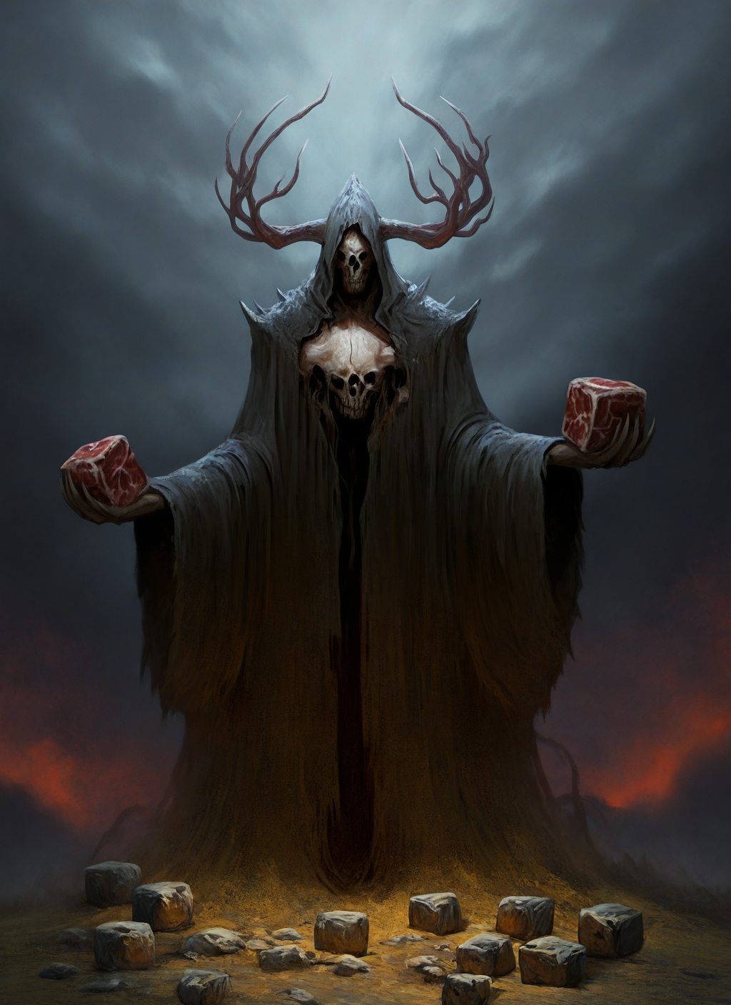 artist:, masterpiece, best quality, newest, very awa, absurdres, highres, mnsr, guardian, ragged grey linen robe, hood, valley of skulls, meat cube, detailed, <lora:SDXL\Illustrous\Monster_Concept-Illu-mnsr:1.0>