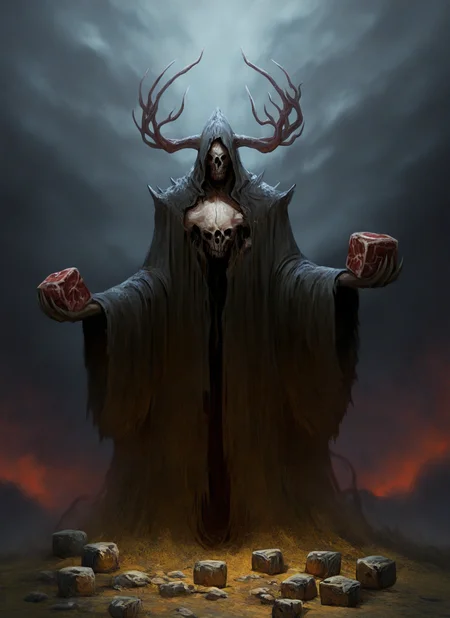artist:, masterpiece, best quality, newest, very awa, absurdres, highres, mnsr, guardian, ragged grey linen robe, hood, valley of skulls, meat cube, detailed, <lora:SDXL\Illustrous\Monster_Concept-Illu-mnsr:1.0>