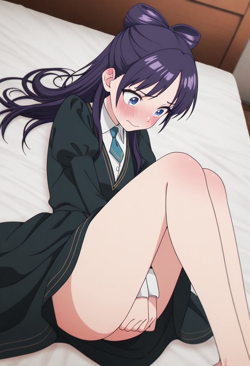 Masterpiece , best quality , amazing quality  , anime screencap  ,  lying on bed , upskirt , 
, bare legs , presenting legs , blushing , embarrassed NemuAniHu, dark purple hair, bow-shaped hair, parted bangs, half updo, blue eyes, v-neck dress, white inner collared shirt, Short necktie, juliet sleeves, long skirt,