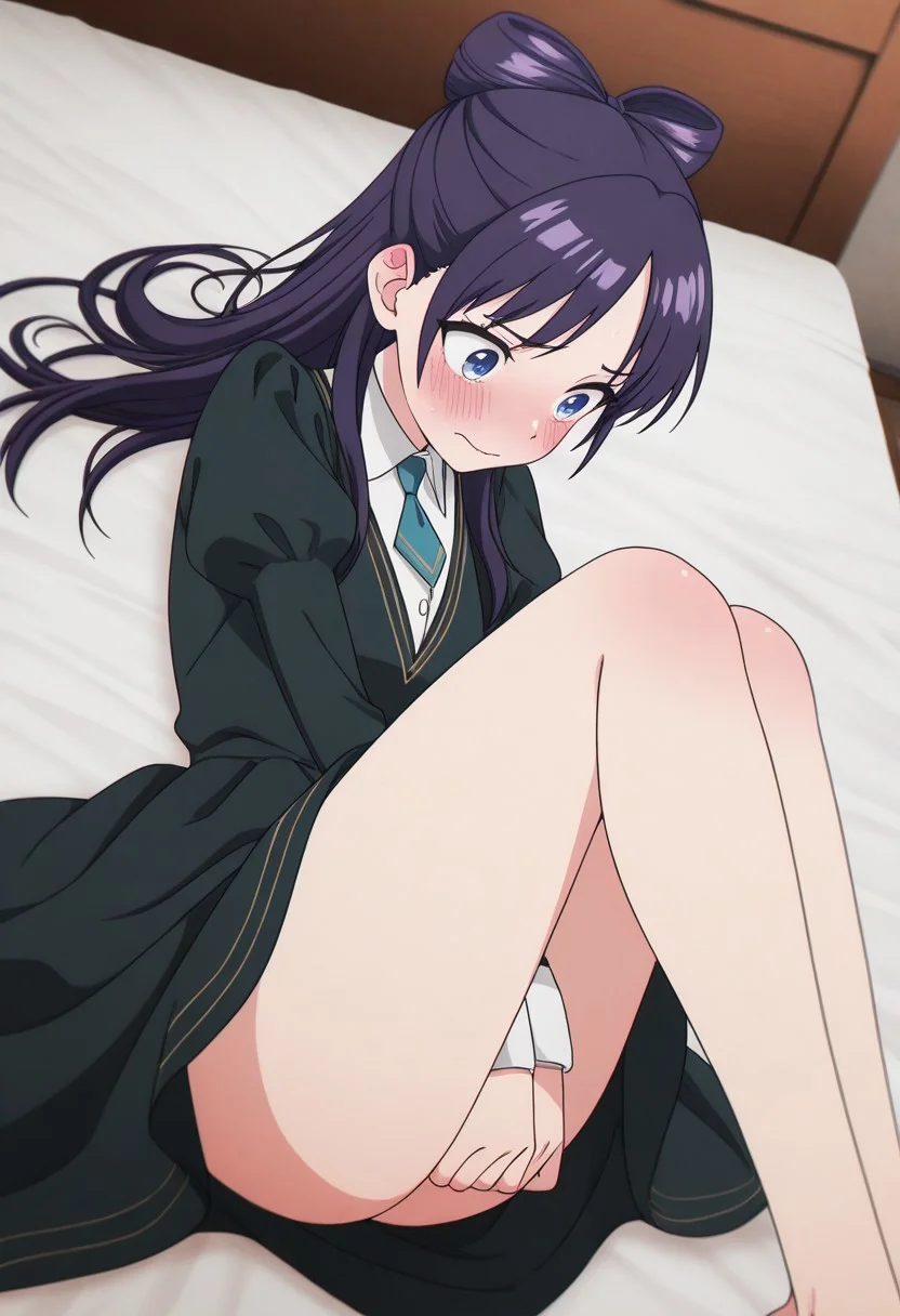 Masterpiece , best quality , amazing quality , anime screencap , lying on bed , upskirt ,
, bare legs , presenting legs , blushing , embarrassed NemuAniHu, dark purple hair, bow-shaped hair, parted bangs, half updo, blue eyes, v-neck dress, white inner collared shirt, Short necktie, juliet sleeves, long skirt,