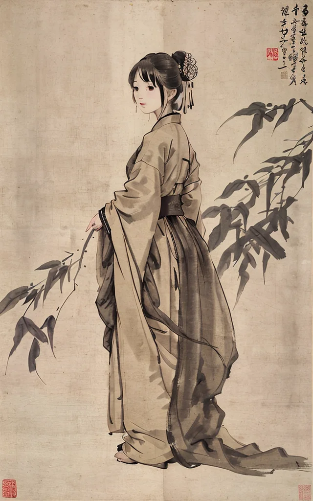 shukezouma, negative space, , shuimobysim , <lora:shuV2:0.8>, portrait of a woman standing , willow branches, (masterpiece, best quality:1.2), traditional chinese ink painting, <lora:shuimobysimV3:0.7>, modelshoot style, peaceful, (smile), looking at viewer, wearing long hanfu, hanfu, song, willow tree in background, wuchangshuo,