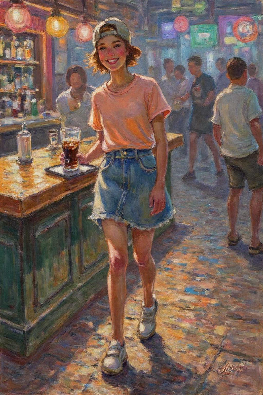 dorotheasharp1 painting. 
The air buzzes with the energy of a busy bar, a mix of music, conversation, and the clinking of glasses. A barmaid, the embodiment of youthful vibrancy, navigates the lively scene. She wears a peach-coloured T-shirt, the soft fabric contrasting with the smooth, cold glass of coke she carries on a small tablet. Her short skirt adds a playful touch, and a backwards baseball cap hints at a carefree attitude. The setting and atmosphere are palpable: the warm, slightly sticky surface of the bar counter under her fingertips, the dim, colourful lighting that casts playful shadows. Sensory details are abundant: the condensation forming on the glass of coke, the texture of her denim skirt, and the way the bar lights catch the highlights in her hair. Her confident stride, her quick smile, and her efficient movements. Stylistically, the image draws inspiration from the vibrant, candid shots of nightlife photographers, with a touch of the stylized realism found in contemporary illustration. There's a deliberate contrast between the barmaid's youthful energy and the slightly worn, lived-in atmosphere of the bar, creating a dynamic and engaging image. <lora:dorotheasharp1_f16:1.0><lora:867751068509988680:0>