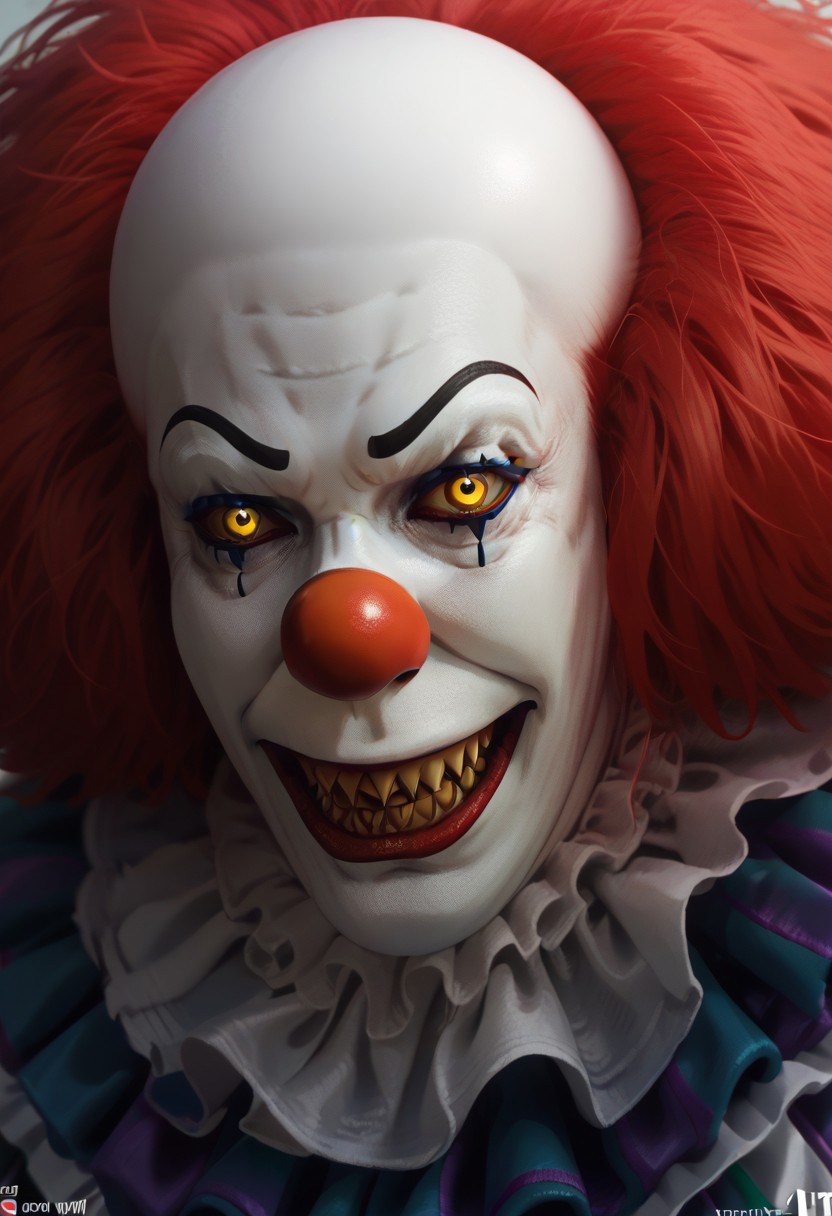score_9_up, score_8_up, score_7_up, line art, solo, 1boy, oldpennywise, clown, fat, white skin, facepaint, red hair, clown suit, grin, portrait, face focus, yellow eyes, sharp teeth,