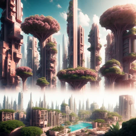(coralcity style:1) plants growing, buildings, futuristic city <lora:djzCoralCityV21:0.8>