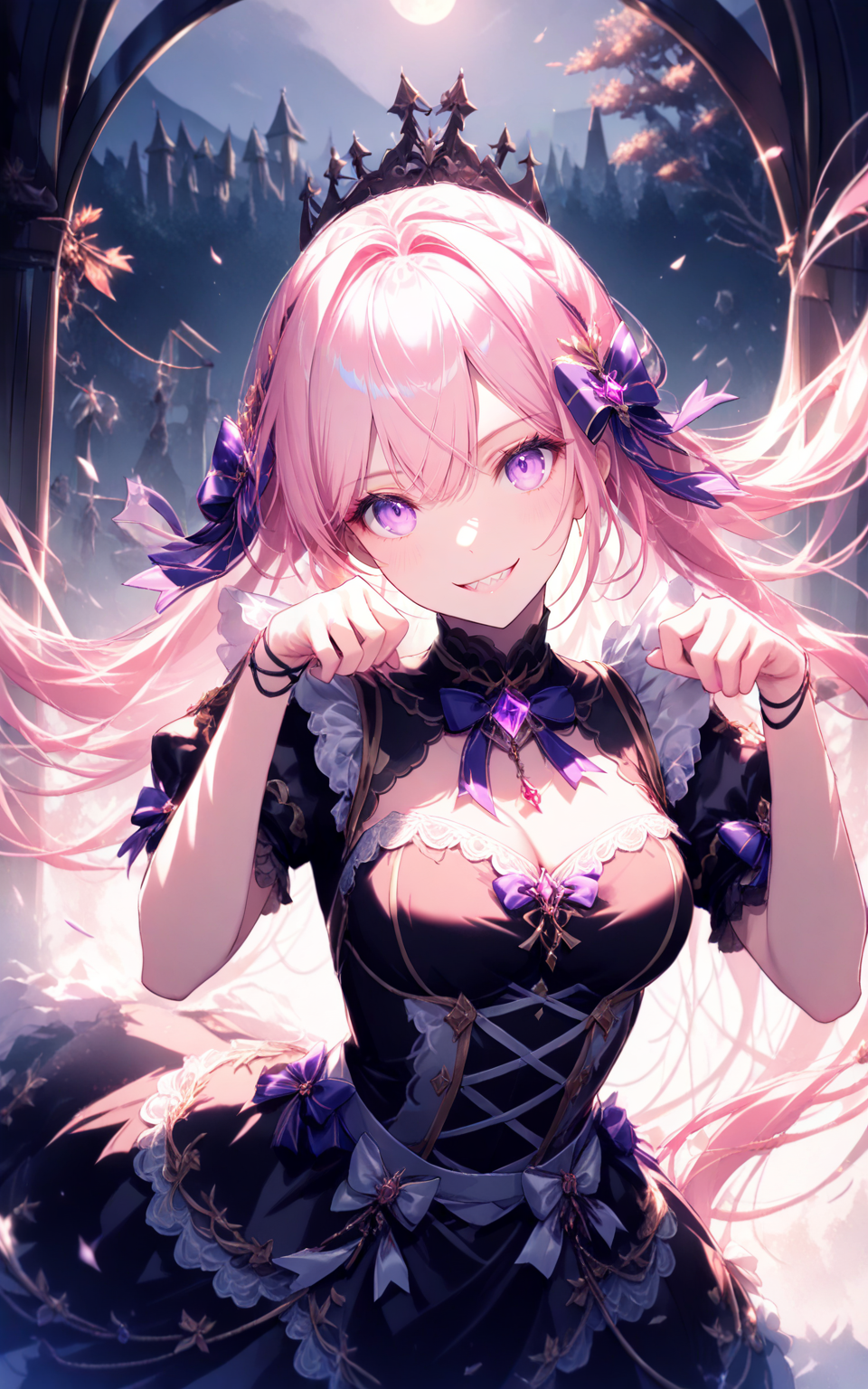 cowboy_shot,dutch angle,civchan,pink hair,purple eyes,creepy girl,glowing eyes,sinister smile,sharp teeth,(cat_pose),evil grin,gothic,eerie cemetery,night mist,horror lighting,black dress,dramatic eye focus,spooky expression,realistic face,pale skin,long flowing hair,ultra-detailed,(masterpiece:2),(best quality:1.1),Cinematic Lighting,(illustration, 8k CG, extremely detailed),<lora:civichan-base-01-XL:0.9>,<lora:detailed_notrigger:1>,<lora:xl_more_art-full_v1:0.8>,