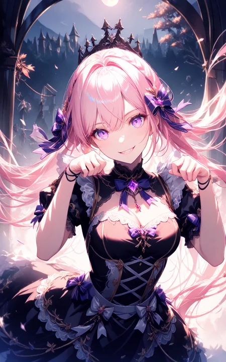 cowboy_shot,dutch angle,civchan,pink hair,purple eyes,creepy girl,glowing eyes,sinister smile,sharp teeth,(cat_pose),evil grin,gothic,eerie cemetery,night mist,horror lighting,black dress,dramatic eye focus,spooky expression,realistic face,pale skin,long flowing hair,ultra-detailed,(masterpiece:2),(best quality:1.1),Cinematic Lighting,(illustration, 8k CG, extremely detailed),<lora:civichan-base-01-XL:0.9>,<lora:detailed_notrigger:1>,<lora:xl_more_art-full_v1:0.8>,
