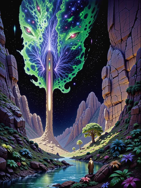 extremely detailed alcohol ink and watercolor painting on rough watercolor paper, vaporwave aesthetic, the composition follows the golden ratio, the focus is a beautiful, grotesque, boundless, primordial creature with a long neck, faintly crimson glowing eyes and overlapping iridescent shimmering blue-green scales in a lush, paradisiacal oasis, teeming with life, hidden within a barren badlands valley of an alien planet, under an awe-inspiring otherworldly night sky illuminated by a vibrant galactic nebula, the oasis sits at the valley's heart, its still waters reflect the cosmos above, vibrant foliage in deep greens, blues, and purples surrounds the water, contrasting against the rough, jagged stone of the valleyâs cliffs, the cliffs loom over the oasis, their rocky surfaces weathered and etched with time, casting deep shadows and adding a sense of isolation, at the center of the oasis, a towering primordial creature drinks from the spring, its ancient form dominating the wildness of the oasis, a rare sight, it stands as a guardian of this secluded paradise, adding an air of mystery and awe, the creature is gigantic, with a powerful yet graceful form, its iridescent scales reflecting subtle hints of the nebulaâs colors, its posture is calm, exuding a sense of ancient wisdom, with crimson glowing eyes hinting at awareness of its surroundings, slightly elevated, wide-angle shot, capturing both the oasis in full view and the surrounding badlands cliffs, emphasizing the oasis's lushness against the desolate valley, diffused, cosmic lighting from the nebula bathes the scene in a surreal glow, casting hues of violet, blue, and pink across the oasis, the light is soft and mystical, with subtle reflections and shimmers on the water, dappled illumination creates pockets of light and shadow on the creature's form and the lush foliage, contrasting with the deep shadows along the cliff walls, exaggerated color contrasts between the vibrant oasis and the dark valley stone, highly atmospheric, masterful composition, mystical, otherworldly, in the style of ck-ovf, <lora:epic_gorgeous_details-balance-flux-by_flyway:0.88> <lora:style-oneviolentfantasy-ep21-flux-by_chronoknight:0.92>