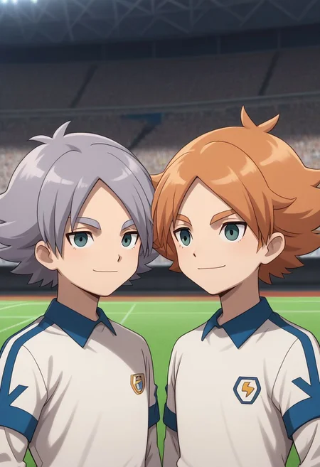 score_9, score_8_up, source_anime, highly detailed, 2boys, male_focus, slender, skinny, upper body,
aiden, 1boy, male focus, sportswear, orange hair, soccer uniform, long sleeves, white shirt,
fubuki2, 1boy, male focus, 1boy, grey hair, soccer uniform, long sleeves, white shirt
outdoor, soccer field, smile, hands on shoulders, siblings, brothers,