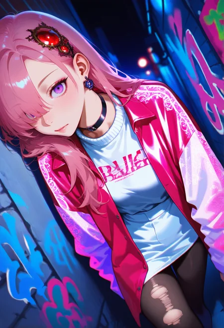8K, depth of field, focused subject, dynamic angle, best quality, detailed eyes, perfect eyes, realistic eyes,
<lora:cospl4_by_readandsign_v3:0.85> gr43po
detailed, 1girl, solo, intricate details, chromatic aberration, realistic, long hair, pink hair, red head ornament, pink highlights, hair over one eye, purple eyes, earrings, sharp eyes, choker, neon shirt, torn legwear, open jacket, turtleneck sweater, night,against wall, brick wall, graffiti, dim lighting, alley, looking at viewer