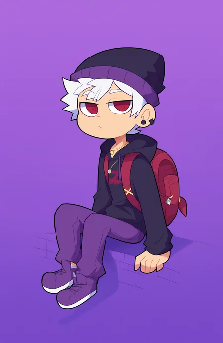 score_9, score_8_up, score_7_up, score_6_up, score_5_up, score_4_up, BREAK
purple pants, red eyes, shoes, solo, hat, pants, hood, black hoodie, long sleeves, beanie, white hair, purple headwear, purple footwear, hoodie, male focus, 1boy, white background, shadow, purple background, drawstring, short hair, bag, necklace, backpack, jewelry, chibi, hood down, full body, ear piercing, piercing, sitting, black headwear, simple background
 <lora:miscon_ponyxl:1>