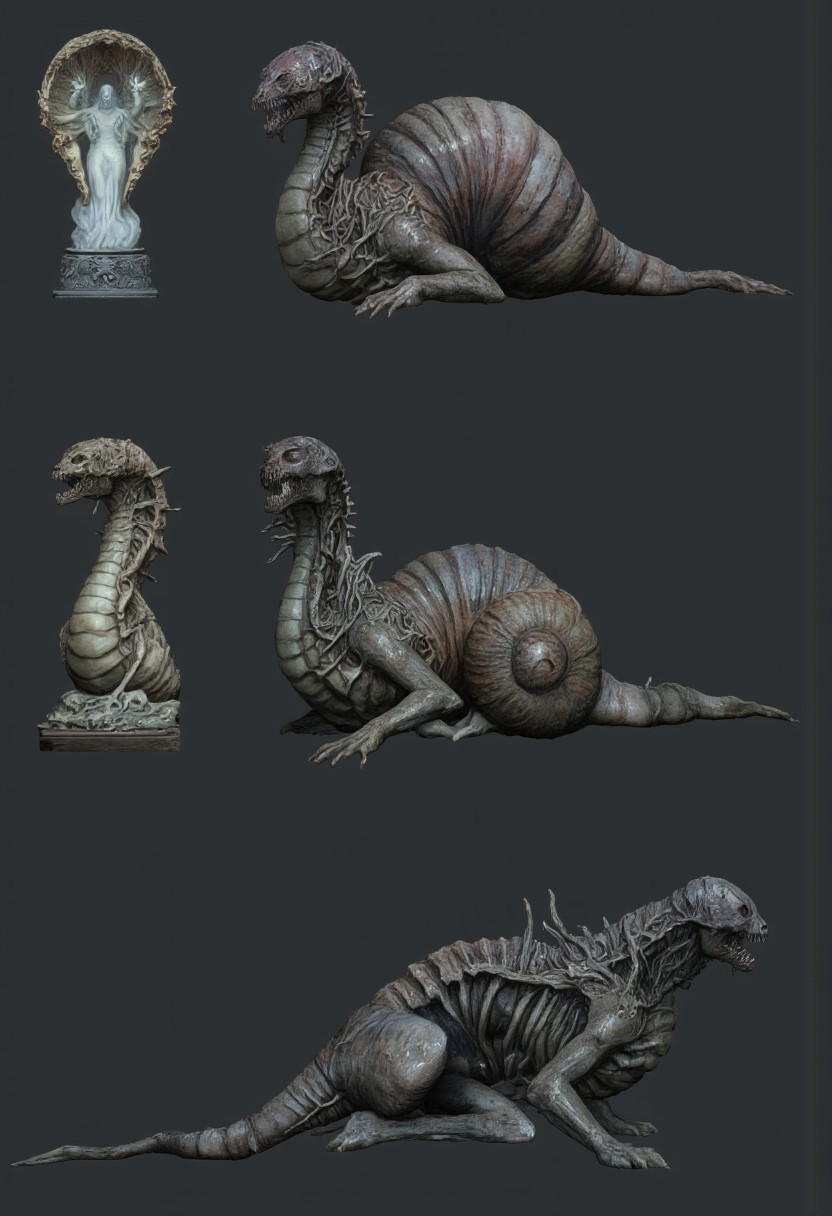 DGC style, MikeFranchinastyle, ghiblistyle, hkevil, berserk style, Surreal art, d4artstyle, d4concept, , bbstyle,, horror theme,, zbrush, ZBClay model of a gray sculpture
Set against a solid dark color background to emphasize its unnatural form and grotesque eerie and unsettling anatomy that emphasizes its silhouette. The medium is not a traditional painting or illustrative medium like watercolor or ink but rather a digital 3D rendering.
This creature, depicted in various forms, presents a fusion of snake and snail features. Its core design revolves around a serpentine body integrated with a shell. In the first render, the creature appears ethereal and luminous, with a pearl-like, almost celestial shell and a pale, ghostly body. The second showcases a more grounded version, blending the predatory menace of a cobra's hood with a weathered, earthy shell, exuding primal aggression. The third form introduces a darker tone, combining the sleek, glossy black scales of a viper with a sinister spiral shell, emphasizing its lurking danger. Finally, the skeletal form reveals its bare structure—a haunting visage with a crumbling skull and spine, implying decay or a postmortem state. Each rendition highlights a unique perspective, showing its versatile and eerie nature.