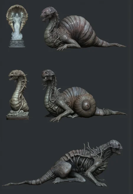 DGC style, MikeFranchinastyle, ghiblistyle, hkevil, berserk style, Surreal art, d4artstyle, d4concept, , bbstyle,, horror theme,, zbrush, ZBClay model of a gray sculpture
Set against a solid dark color background to emphasize its unnatural form and grotesque eerie and unsettling anatomy that emphasizes its silhouette. The medium is not a traditional painting or illustrative medium like watercolor or ink but rather a digital 3D rendering.
This creature, depicted in various forms, presents a fusion of snake and snail features. Its core design revolves around a serpentine body integrated with a shell. In the first render, the creature appears ethereal and luminous, with a pearl-like, almost celestial shell and a pale, ghostly body. The second showcases a more grounded version, blending the predatory menace of a cobra's hood with a weathered, earthy shell, exuding primal aggression. The third form introduces a darker tone, combining the sleek, glossy black scales of a viper with a sinister spiral shell, emphasizing its lurking danger. Finally, the skeletal form reveals its bare structure—a haunting visage with a crumbling skull and spine, implying decay or a postmortem state. Each rendition highlights a unique perspective, showing its versatile and eerie nature.