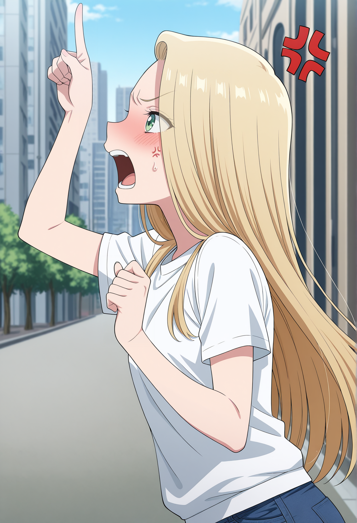 anime screenshot, anime screencap, anime coloring, 1girl, solo, blonde hair, green eyes, long hair, hair over one eye, t-shirt, upper body, pointing at another, outdoors, city, angry, anger vein, open mouth, blush, from side, jeans, pointing up <lora:Sara_Eighth_Wonder:1>, masterpiece, best quality, amazing quality, very aesthetic, absurdres, highres, newest